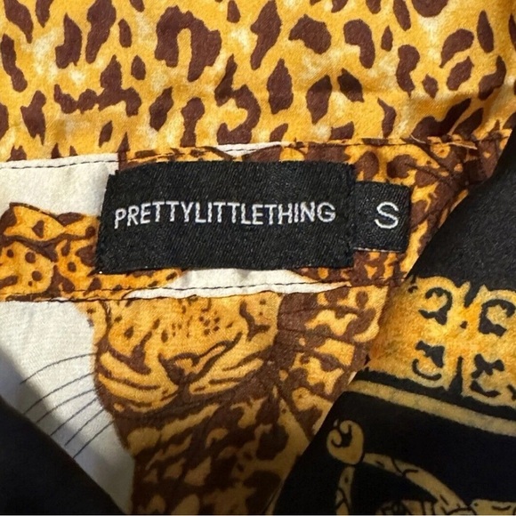Pretty Little Thing Silky Black Gold Leopard Print Button Up Dress Shirt Blouse - Picture 5 of 11